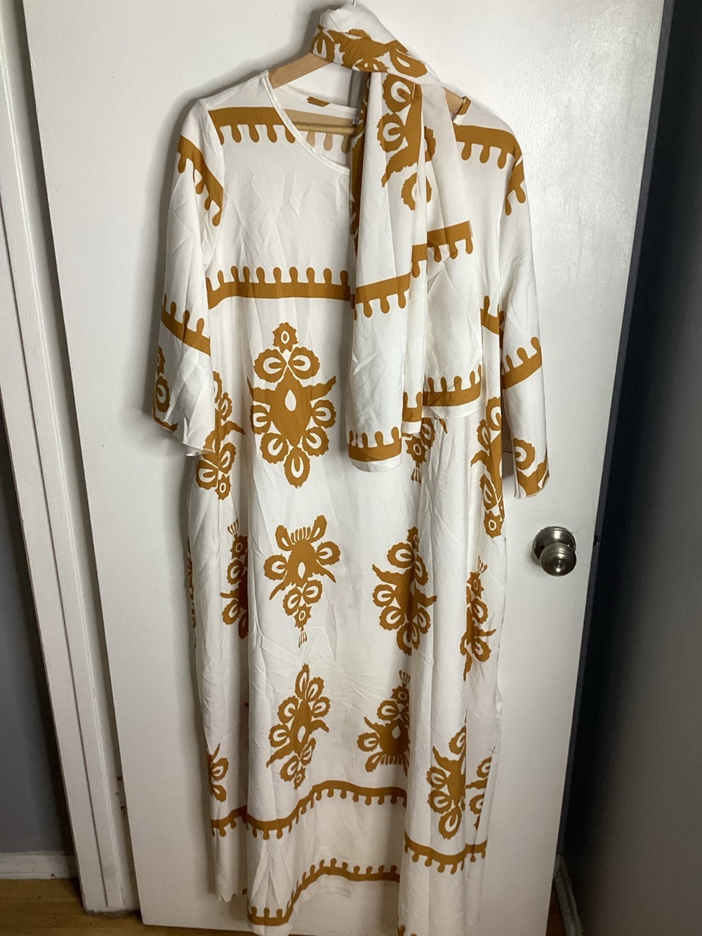 White Maxi Dress with Mustard Bohemian Print and Matching Scarf XXL
